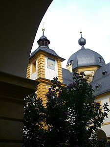 Schloss seehof, Memmelsdorf, vistas al arco de puerta de enlace, Spire, campana de la torre