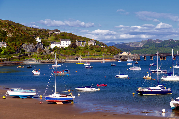 barmouth, wales, boats, harbour, sand, mawddach, estuary