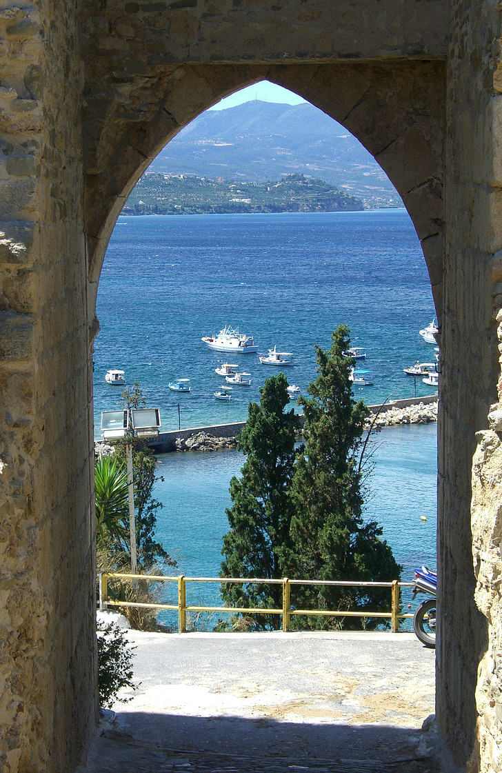 gerbang Kastil, pilos, Yunani, dengan melihat, laut, Laut Mediterania, arsitektur