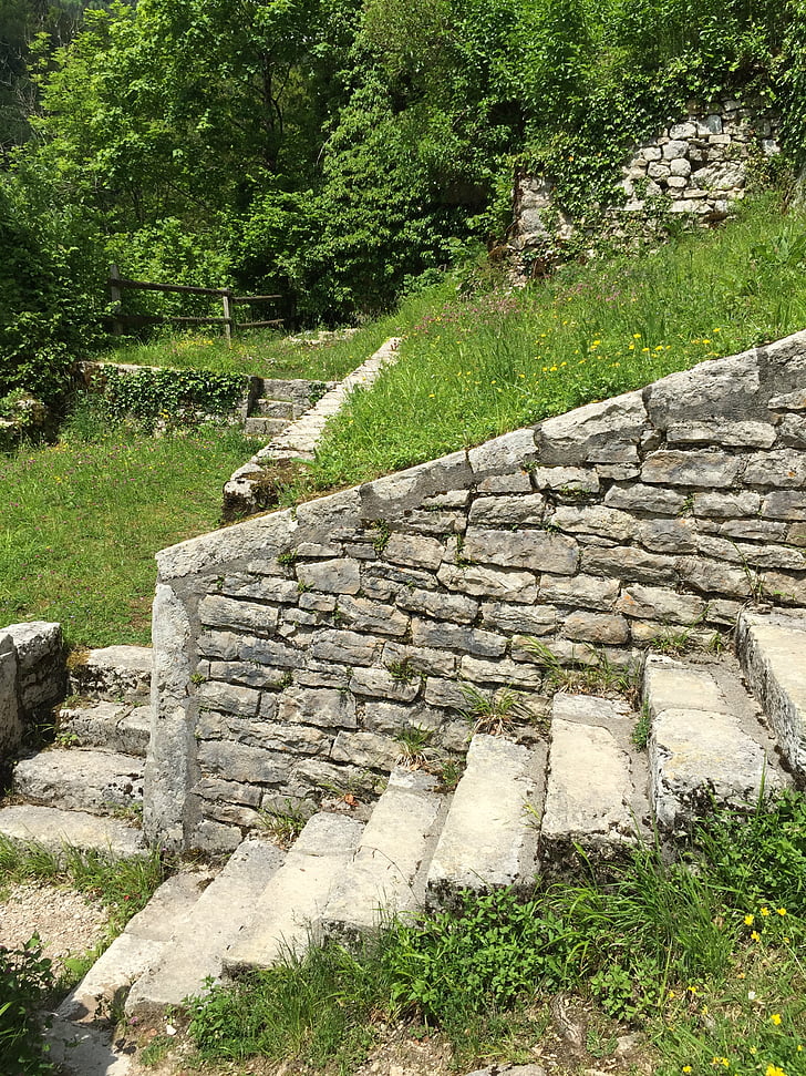 ruína, Hermitage, St ursanne, escadas, parede, Suíça, verde