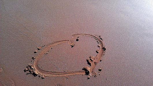 stranden, kjærlighet, glede, hjerte, sand, tegning