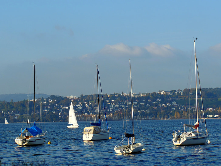 Barcos à vela, Lago de Constança, água, Barcos, céu azul, Constance, embarcação náutica