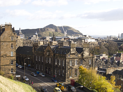 Edinburgh, Escócia, edifícios, cidade, montanhas, vista, estrada