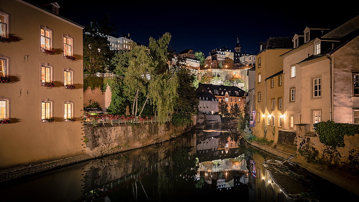 Rzeka, Miasto, wody, Historycznie, Luksemburg, nocne zdjęcie, odbicie