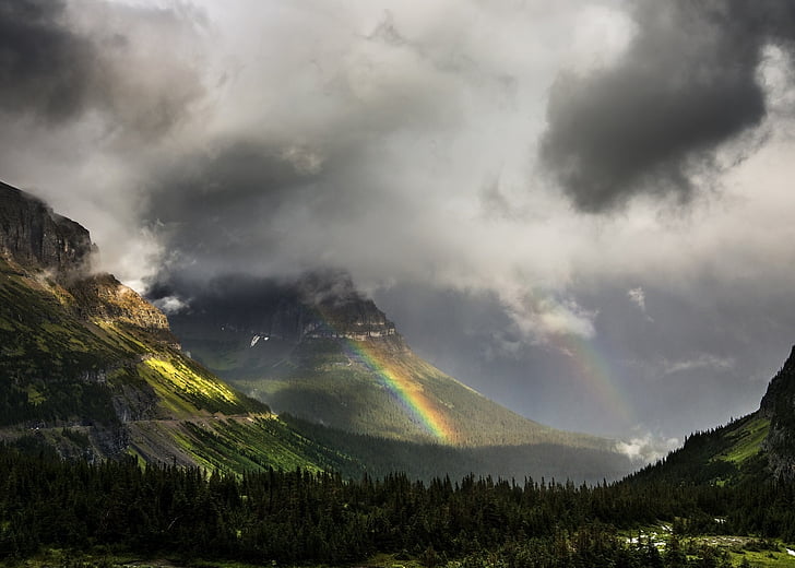 mountain range, valley, rainbow, clouds, scenic, landscape, sunbeams