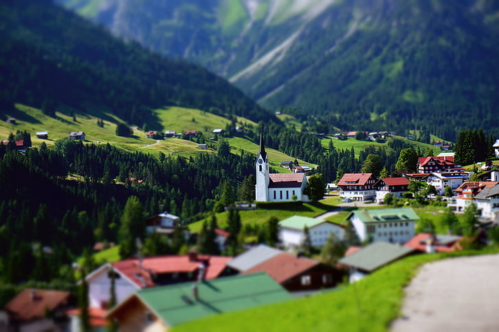 montagne, village, Église, Hirschegg, Autriche, alpin, Panorama