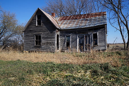 verweerde, huis, hout, het platform, rustiek, Kansas, platteland