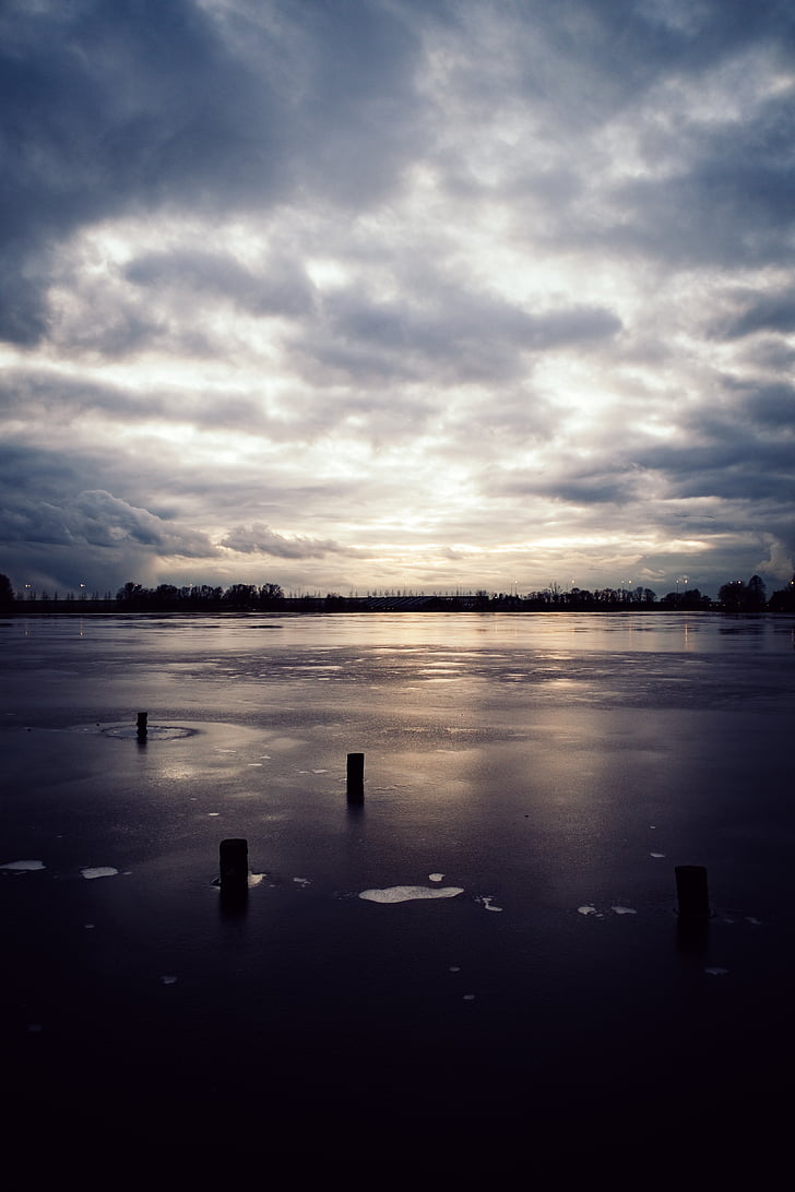 clouds, cold, dark clouds, frozen lake, ice, lake, landscape