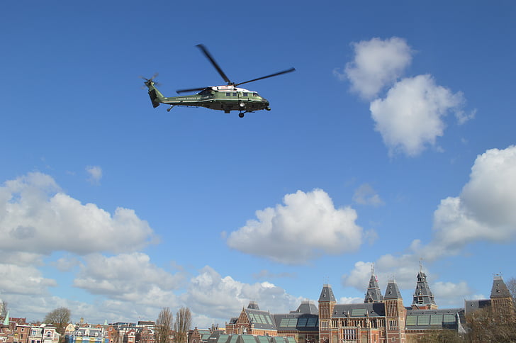 helicóptero, Obama, Amsterdam, Rijksmuseum, vehículo aéreo, vuelo, cielo