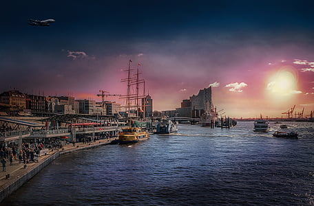landungsbrücken, luka u Hamburgu, Sjeverna Njemačka, brodovi, Hanseatic city, Lučke dizalice, vode