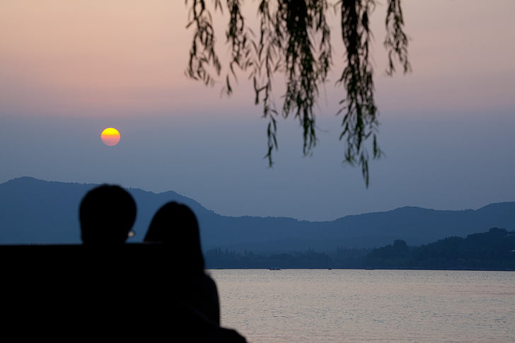 Hangzhou, Kina, sjön, solnedgång, par, Horisont, Romance