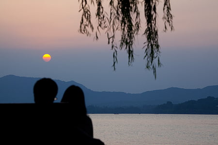 Hangzhou, China, Lago, puesta de sol, pareja, Horizon, Romance