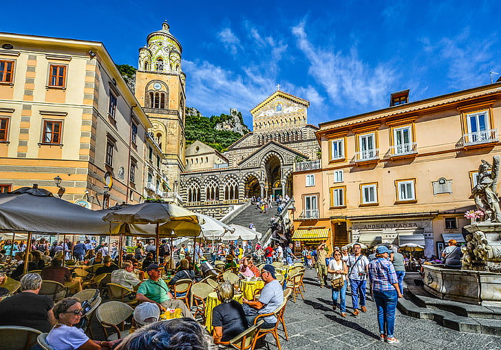 amalfi, square, italy, crowds, coast, church, cathedral