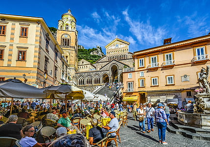Amalfi, Plaza, Italia, multitudes, Costa, Iglesia, Catedral