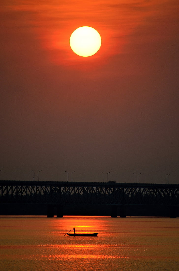 sunset, red, scarlet, boat, river, water, bridge