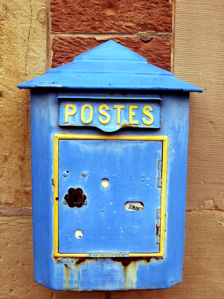cassetta postale, vecchio, blu, Francia, Alsazia, cassette delle lettere, nostalgia