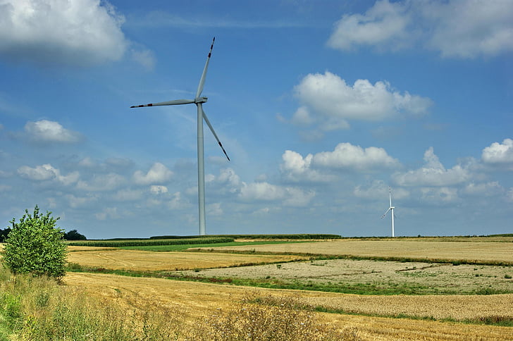 modrá obloha, mraky, větrný mlýn, Windmill farm, generátor, turbína, moc