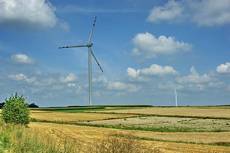 błękitne niebo, chmury, wiatrak, Windmill farm, Generator, Turbina, zasilania