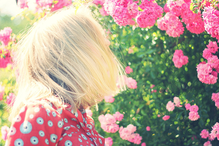 meisje, vrouw, blonde, bloemen, Tuin, planten, natuur