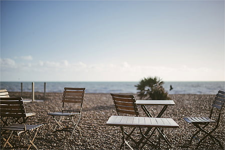 Beach, stoli, Ocean, morje, Seashore, nebo, tabele