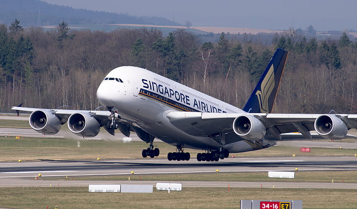 repülőgép, Singapore airlines, Airbus, A380, indulás, Zürich Airport, repülőtér
