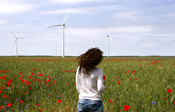 Вітрогенератори, вітряні млини, спін, макі, Вітер, дівчина в поле, вітрова турбіна