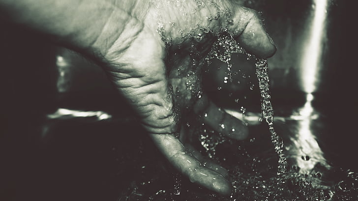 person, touching, water, grayscaled, photo, black and white, hand