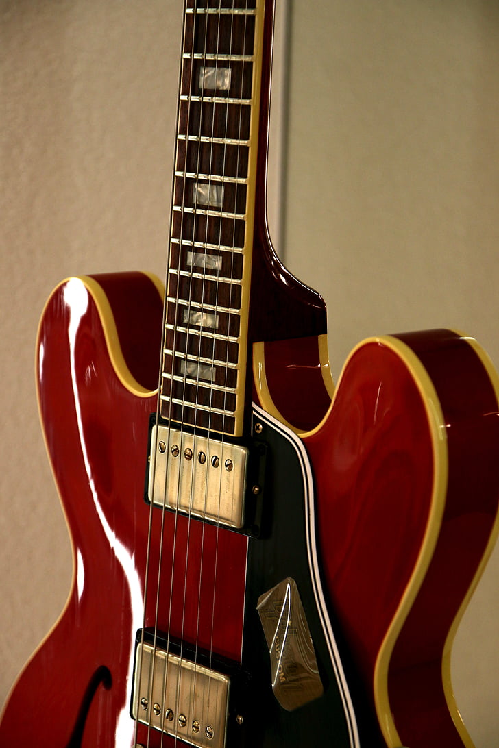 gitarr, Gibson les pauls, elektriskt, strängar, röd, semi acoustic, musik