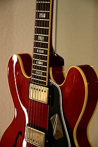Guitarra, Gibson les pauls, eléctricamente, cadenas, rojo, semi-acustica, música