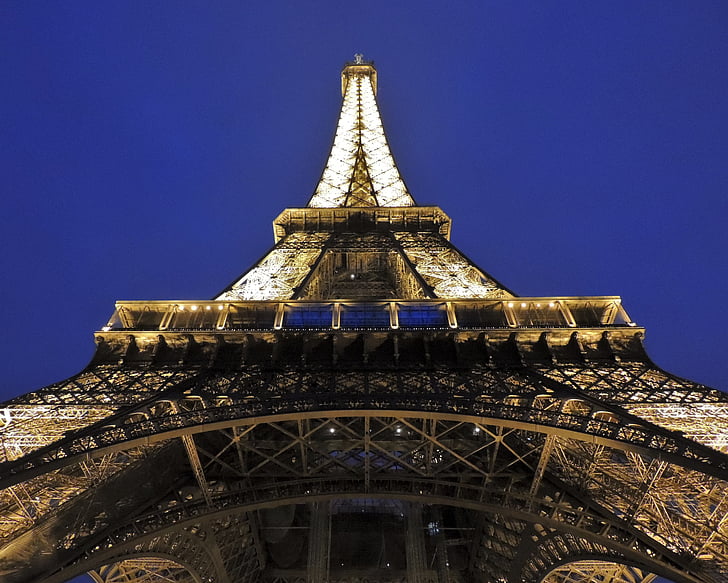 Eifelio bokštas, Eifelio, bokštas, Paryžius, Prancūzija, apšvietė, šviesos