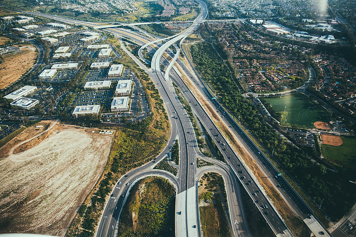 aerial, architecture, buildings, city, curve, expressway, fast