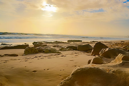 Portugalia, Plaża, zachód słońca, kamień, Algarve