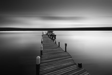 platform, sea, ocean, black, white, black and white, bridge