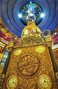 ship clock, atrium, yellow, gold, indoors, decoration, design
