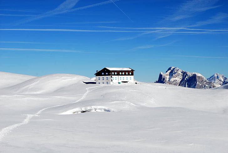 Dolomites, refuge, neige, hiver, montagne, froide, paysage