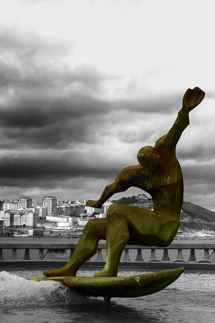 surfer skulptur, Spania, surfing, statuen, hav, promenaden i corunna, Galicia