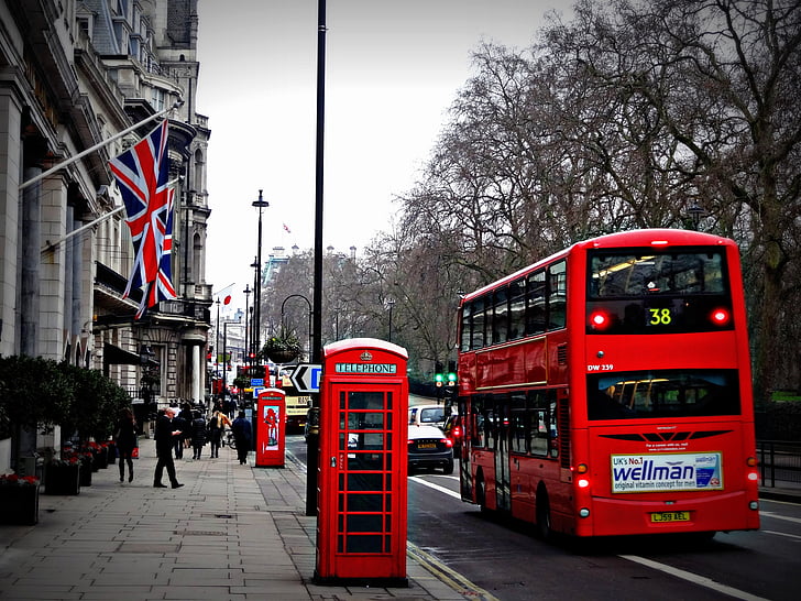 Londres, rue, Téléphone, cabine, bus rouge, bus à impériale, Londres - Angleterre