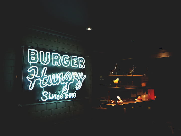 signage, restaurant, burger, store, night, dark, text