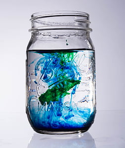 glass, jar, abstract, water, food coloring, swirl, blue