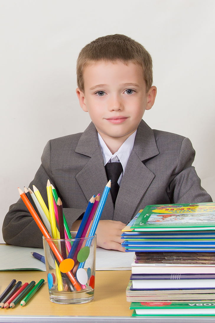 schoolboy, at the desk, sitting, books, pencils, bright, notebook
