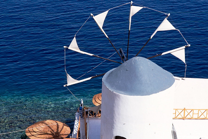 santorini, island, windmill, village, sea, ocean, seascape