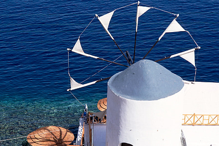 Santorini, Pulau, kincir angin, desa, laut, laut, pemandangan laut