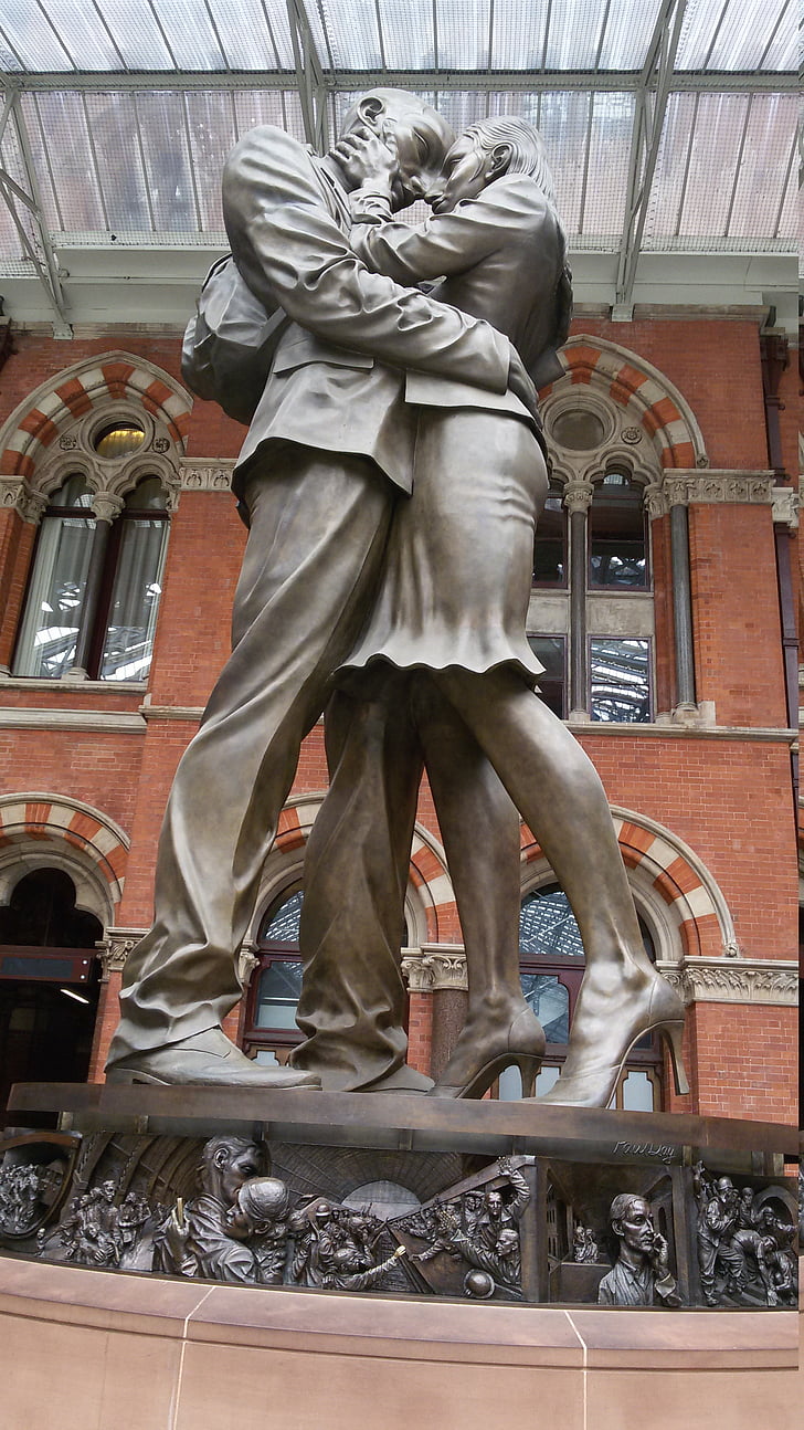 the meeting place, statue, london, railway station, st pancras, lovers, pair