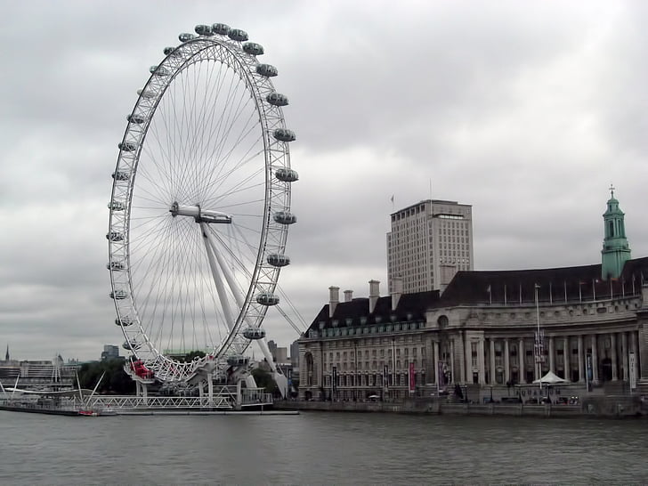 London Eye-maailmanpyörä, Maailmanpyörä, rakennukset, River, pilvistä, Lontoo