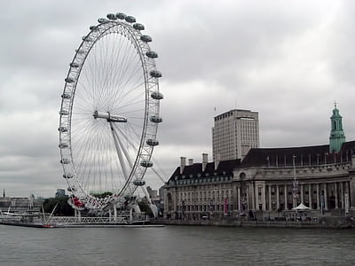london eye, ferris wheel, buildings, river, cloudy, london