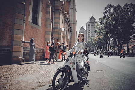 vélo, jeune fille, moto, moto, gens, scooter, rue