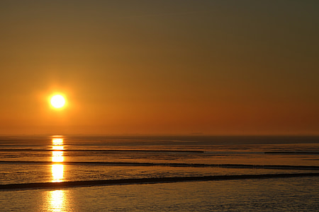 západ slnka, wattové mora, Severné more, w, večernej oblohe, Nordfriesland, reflexie
