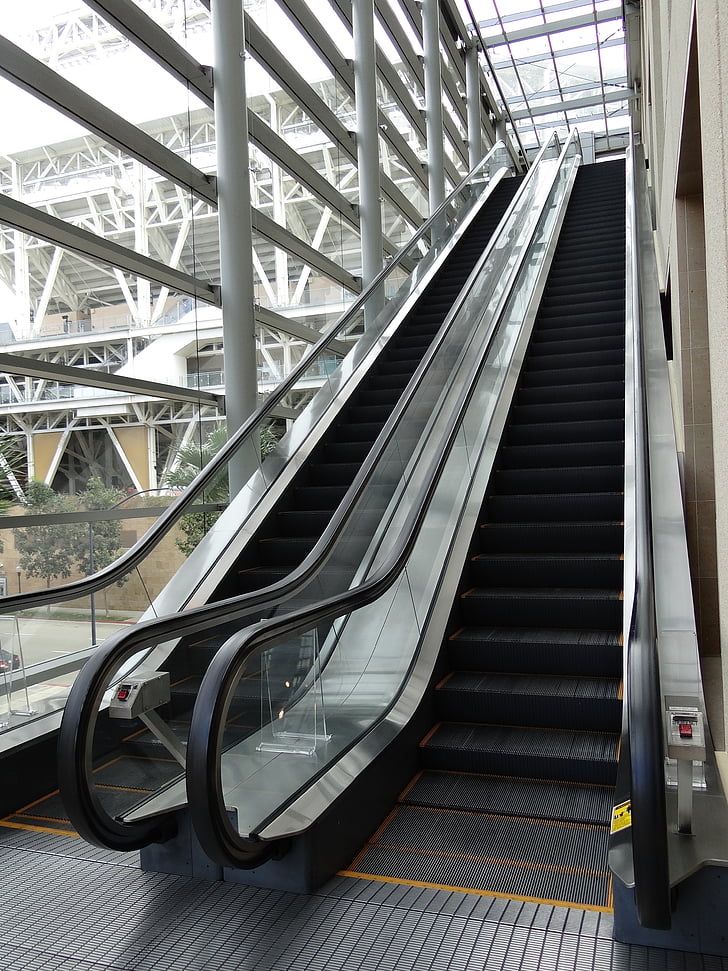 escalator, up, glass, moving, interior, architecture, building