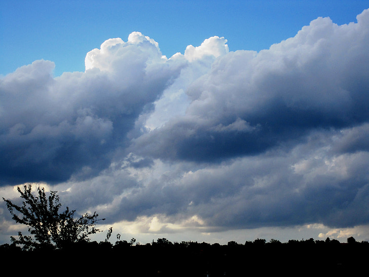 clouds, swirling, rolling, diagonal tugging, moving, tree on horizon, blue sky