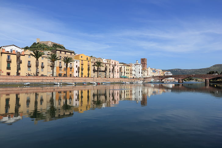 italy, sardinia, bosa, river, reflections, water, architecture
